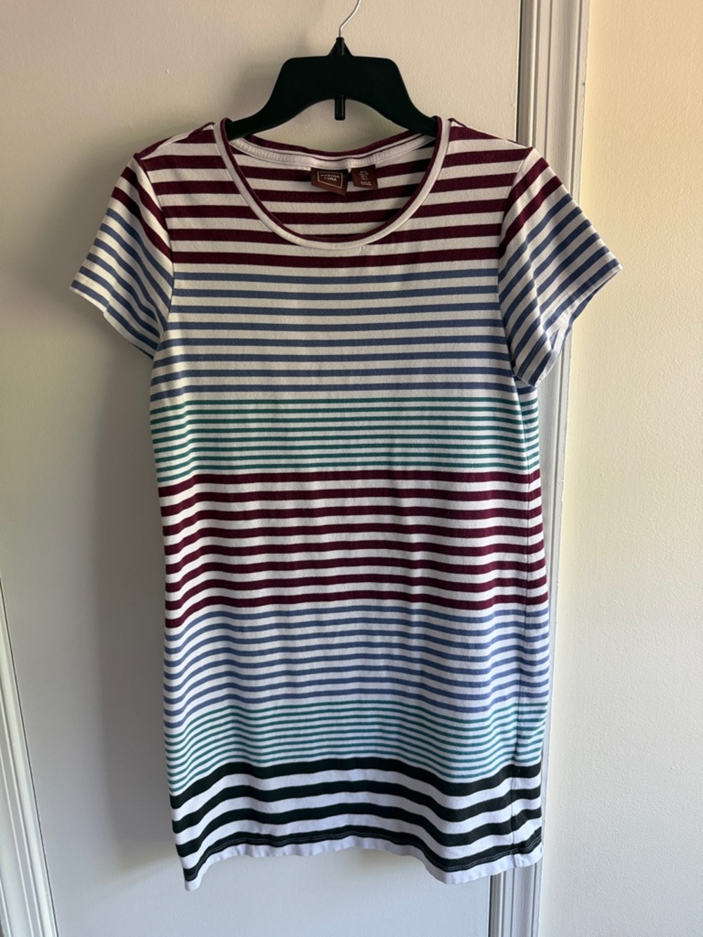 Marina Luna White, Burgundy, Blue, Teal & Black Striped Mini Dress